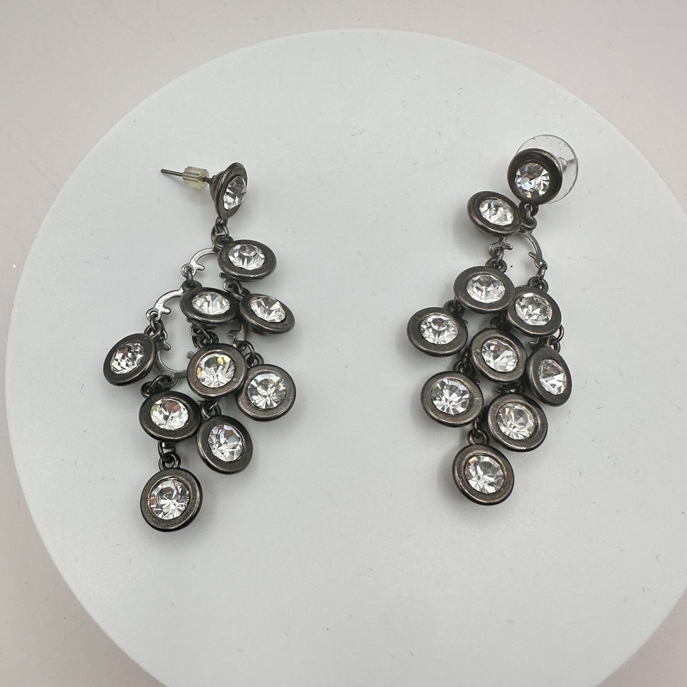 Vintage Y2K Silver Tone Rhinestone Statement Chandelier Dangle Earrings Jewelry